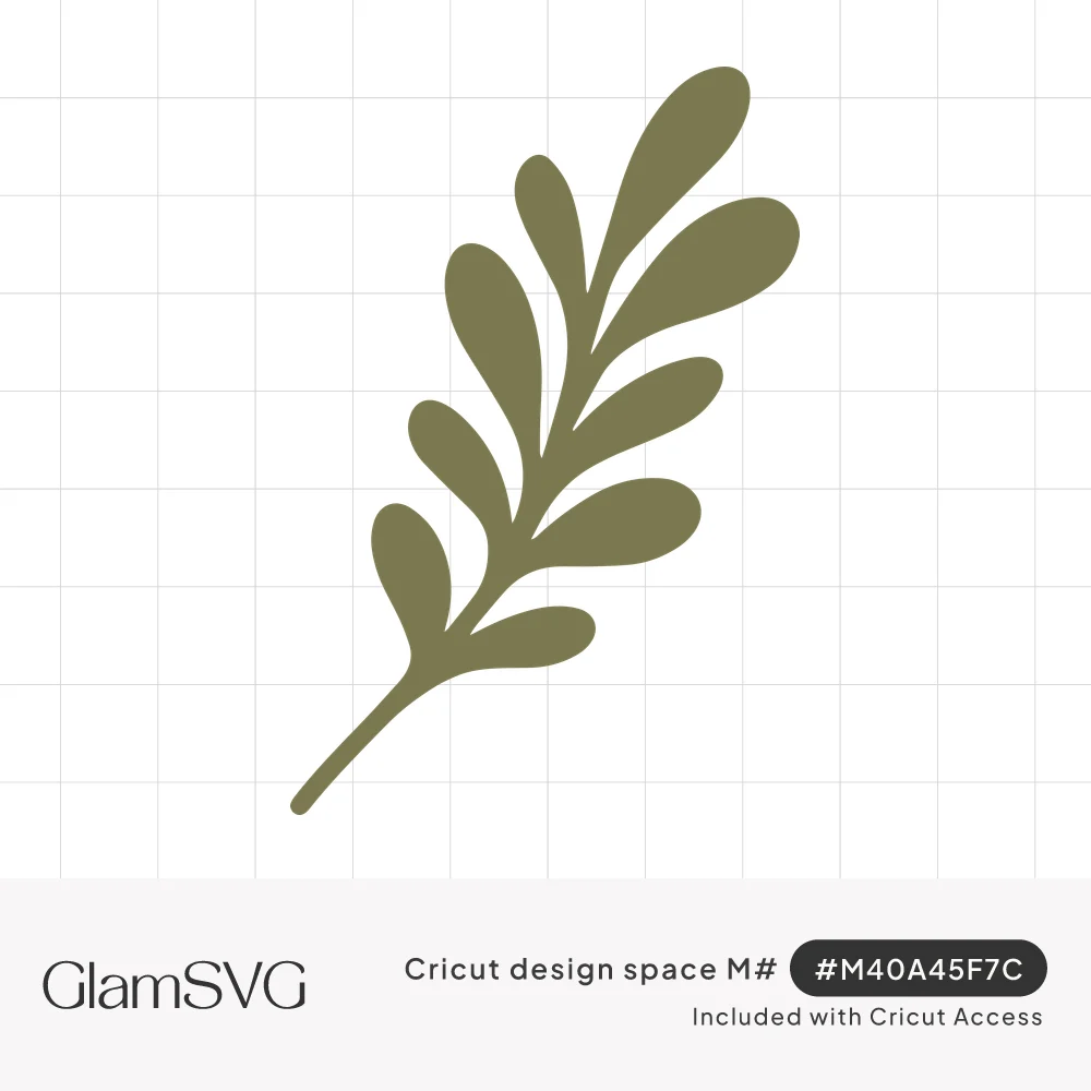 Olive green silhouette of a curved branch with soft rounded leaves alternating along a slender stem