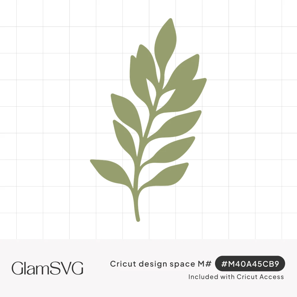 Sage green silhouette of a single leafy branch with pointed leaves along a gently curving stem