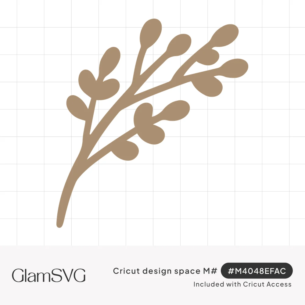 Solid tan silhouette of a curving branch with slender stems and plump rounded leaves