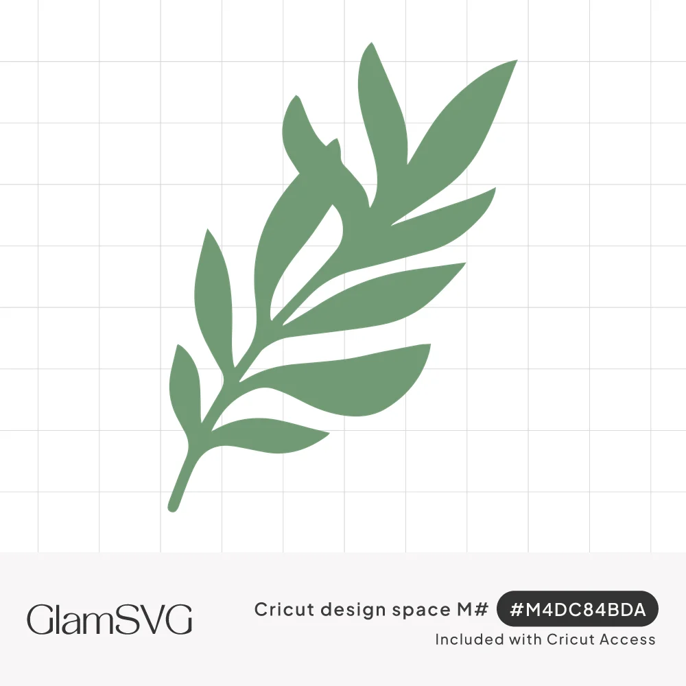 Sage green silhouette of a curved branch with slender pointed leaves arranged along a single stem