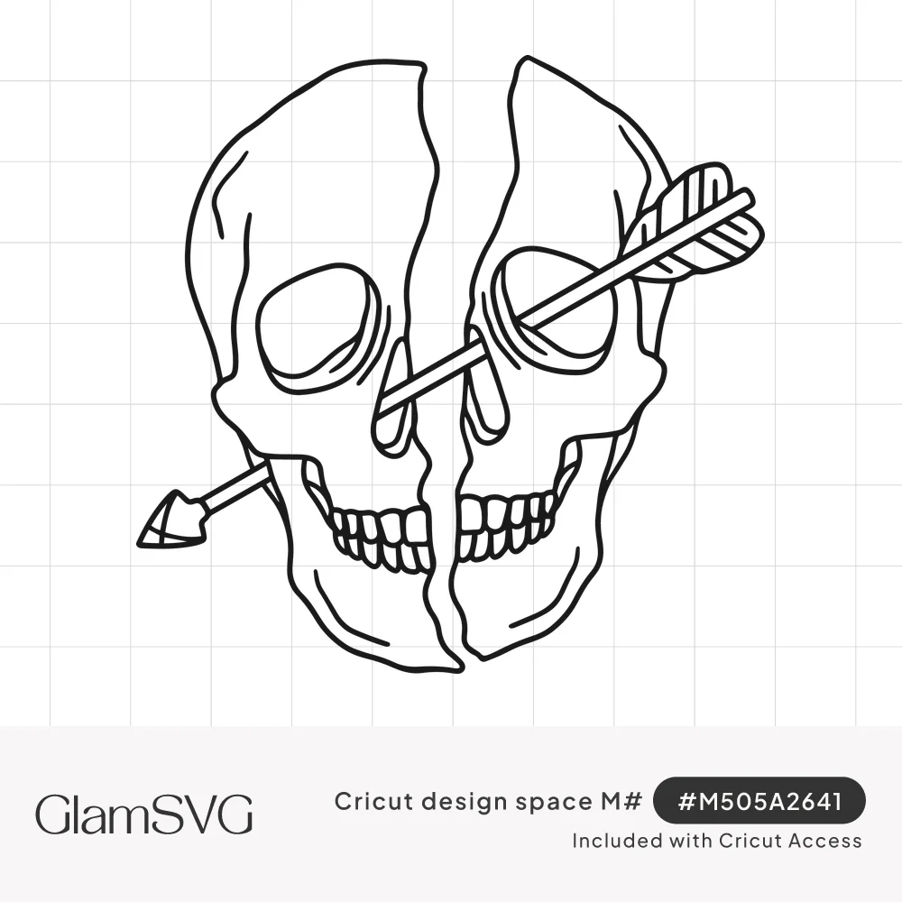 Line drawing of a skull split down the middle into two halves, with an arrow piercing through both eye sockets