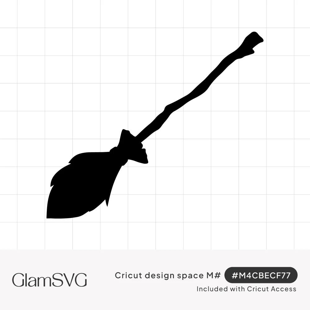 Black silhouette of a witch's broomstick with a crooked wooden handle and tied bristle head, angled diagonally