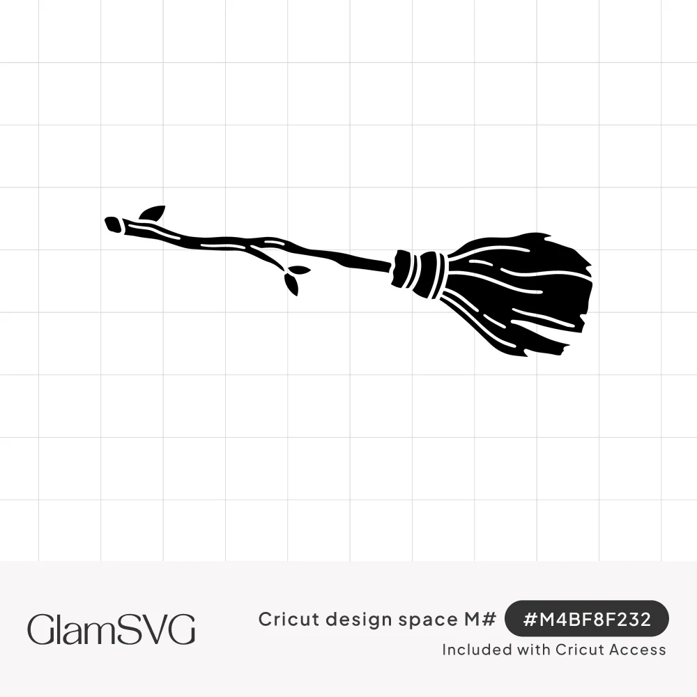 Black silhouette of a witch's broomstick with a crooked wooden handle and tied, ragged bristles