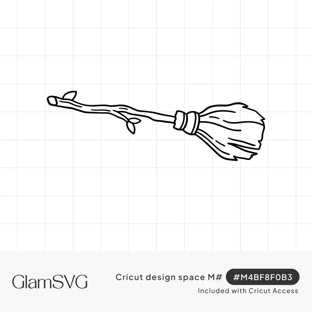 Black outline drawing of a witch's broomstick with a twisted twig handle, small leaves, banded tie and straw bristles
