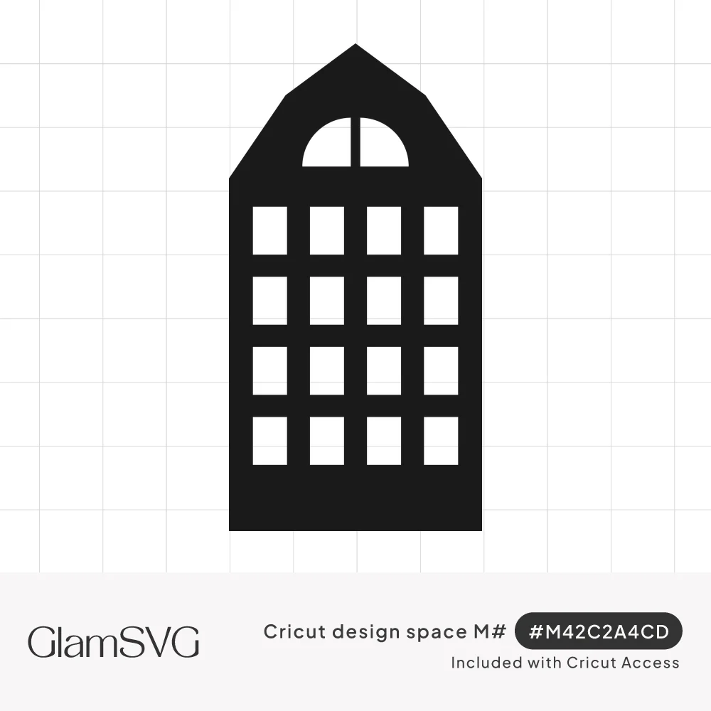 Black silhouette of a tall narrow building with a pointed gable, half-moon attic window and grid of rectangular windows