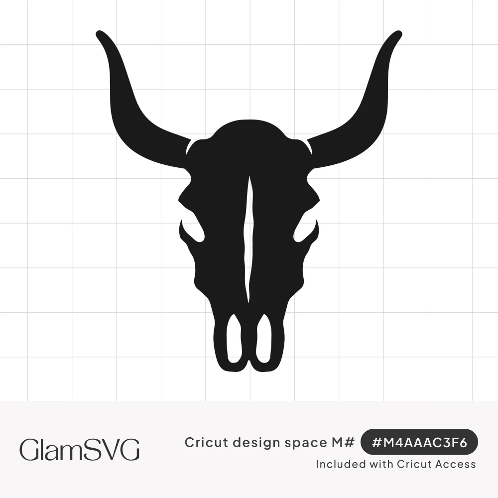 Black silhouette of a bull skull with long upturned horns and cutout eye and nose details