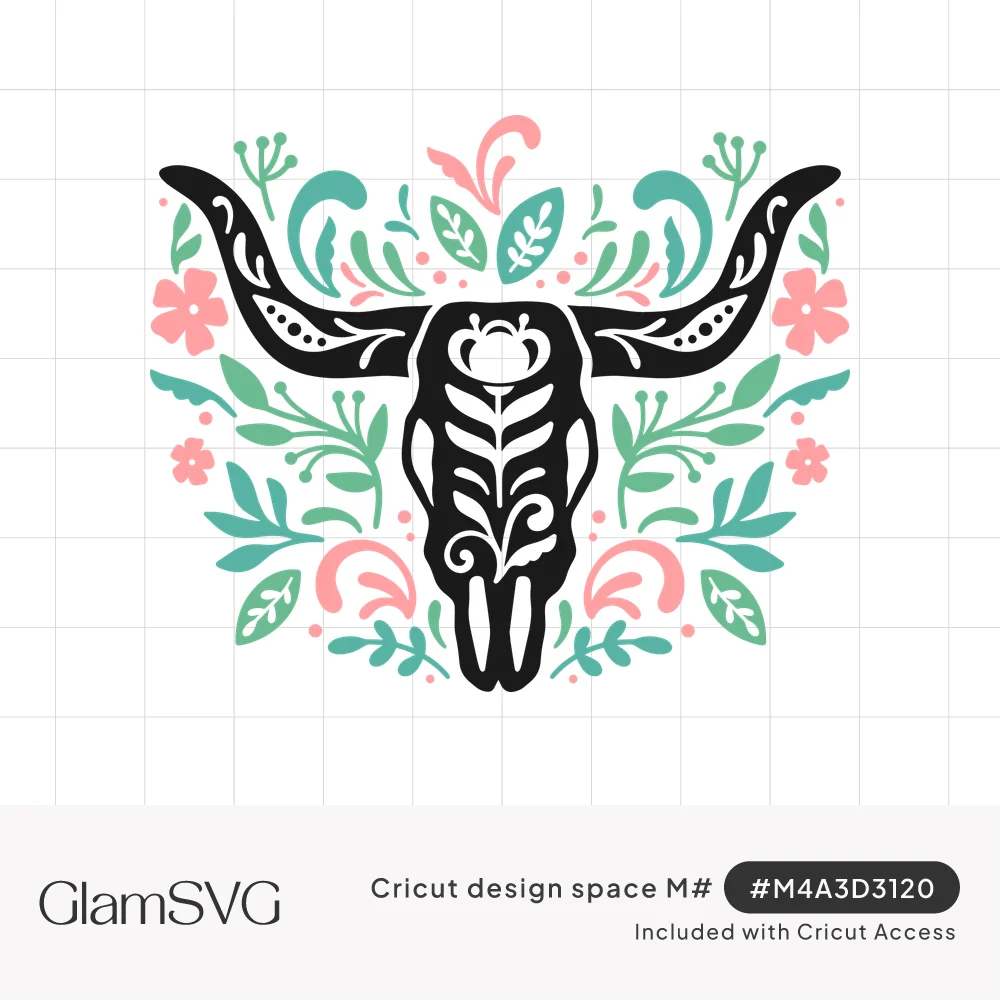 Black longhorn bull skull with folk art cutouts, surrounded by pink flowers, teal swirls and green leaves