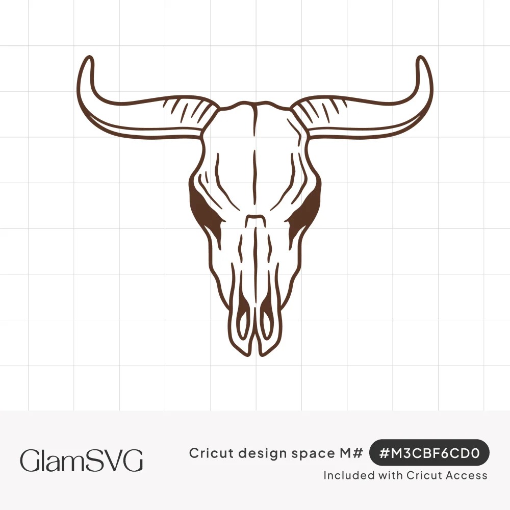 Line drawing of a longhorn bull skull with wide curved horns, shaded eye sockets and etched details in brown