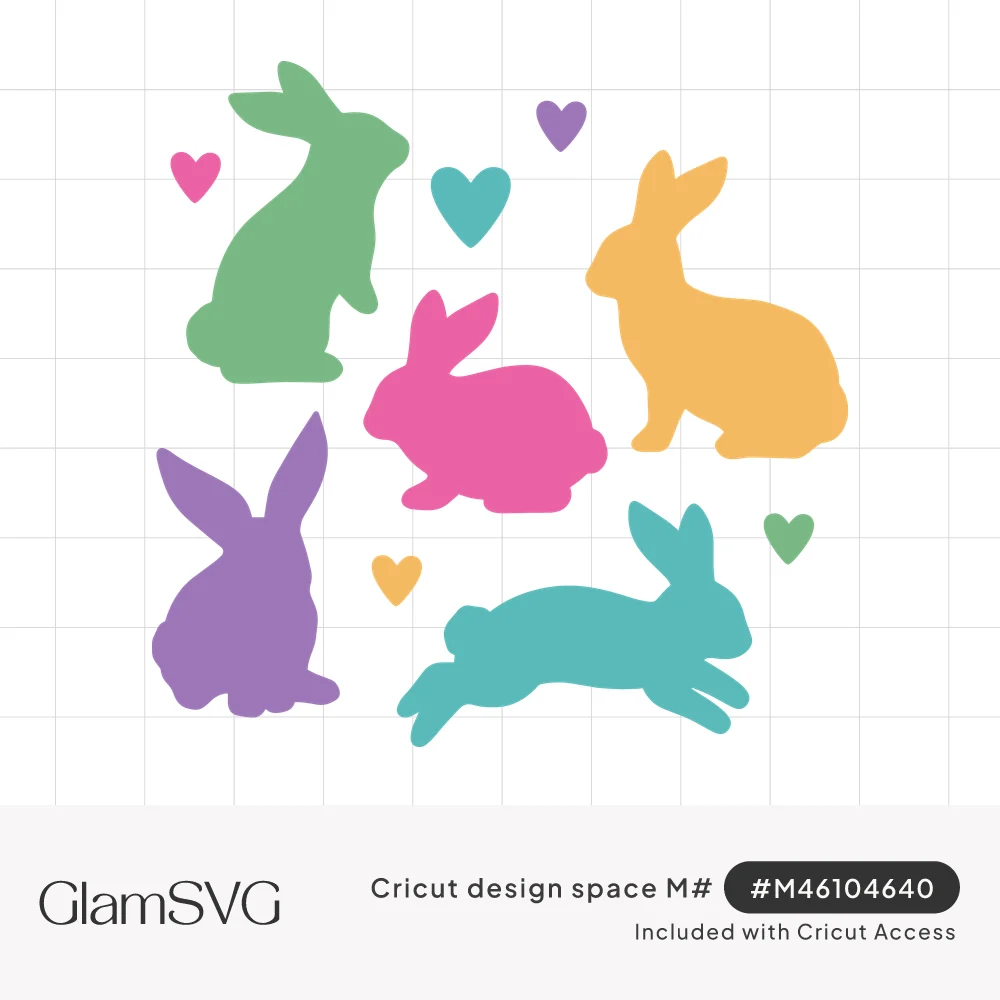 Five pastel bunny silhouettes in green, pink, yellow, purple and teal sitting and hopping among small colorful hearts