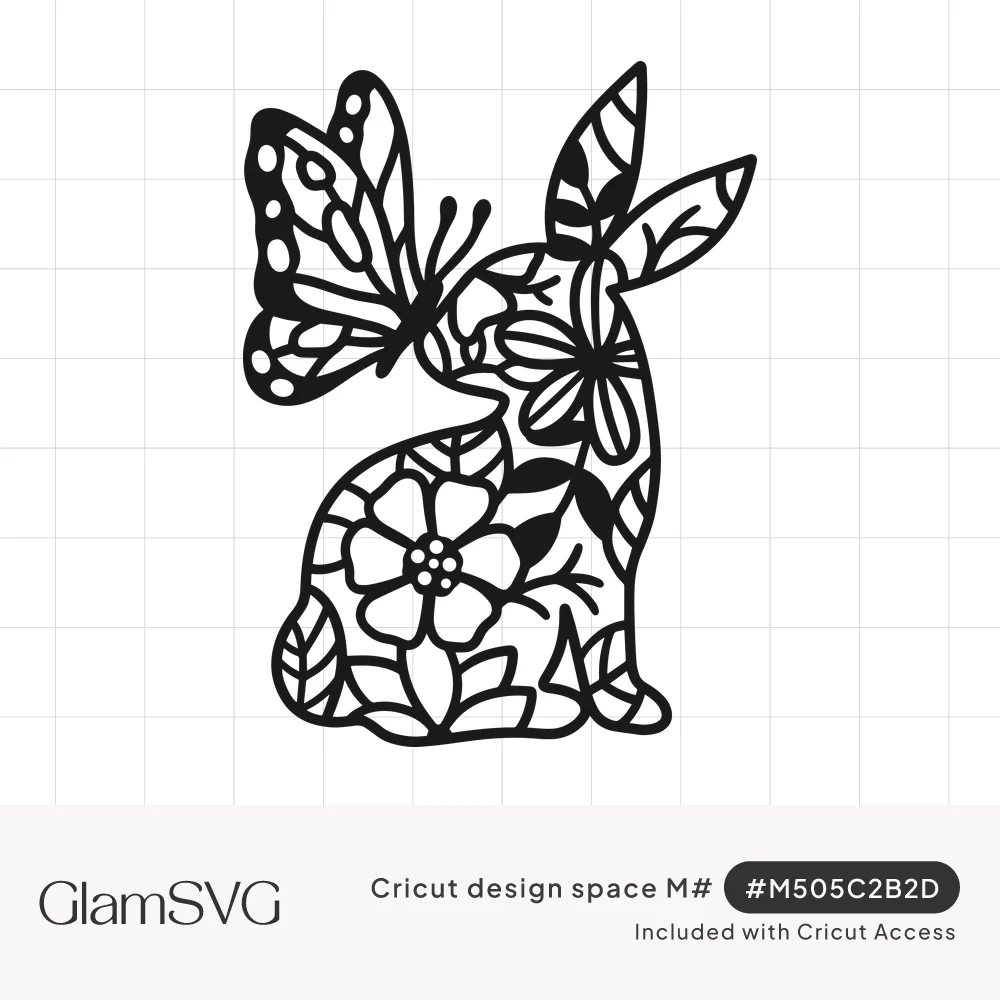 Black line art of a sitting bunny silhouette filled with flowers and leaves, with a patterned butterfly at its nose