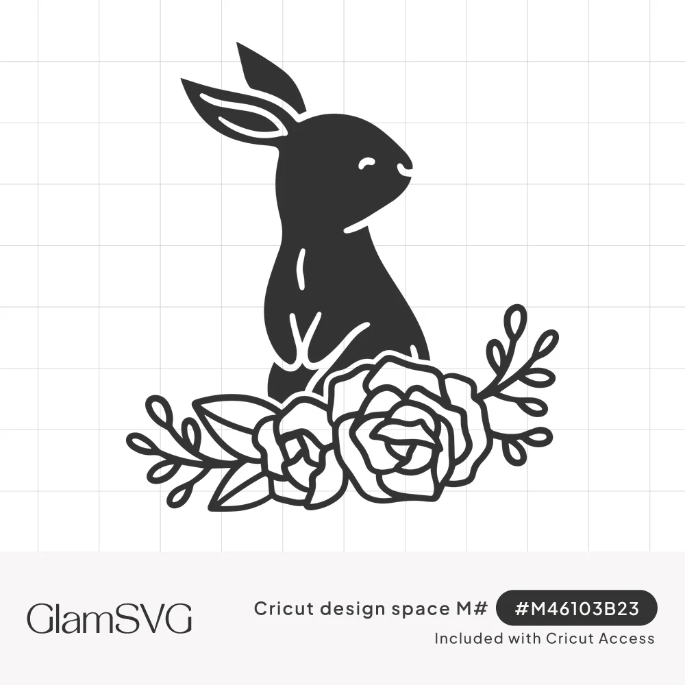 Black silhouette of a sitting bunny with closed eyes above line-drawn roses and leafy sprigs