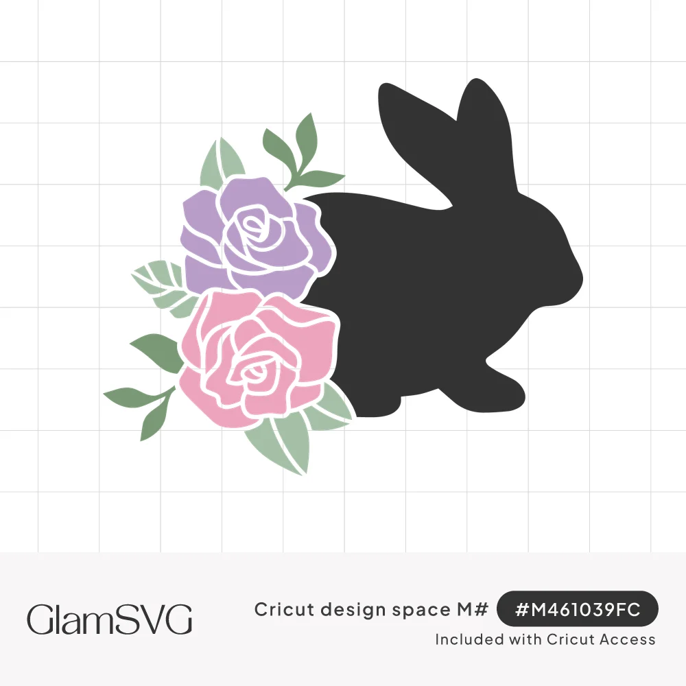 Dark gray bunny silhouette with a lavender rose, a pink rose and green leaves layered at its chest