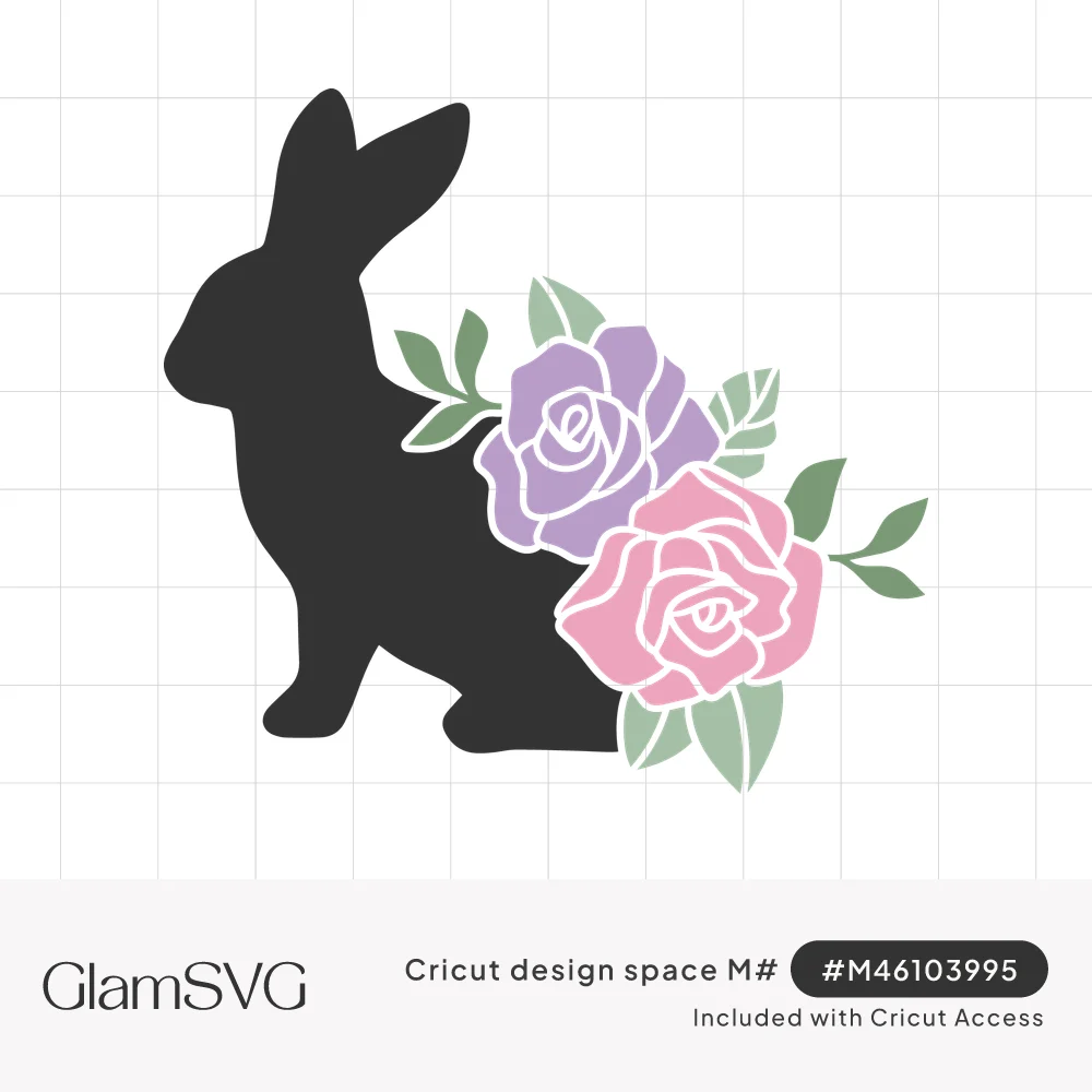 Dark gray bunny silhouette in profile with lavender and pink roses and green leaves at its side