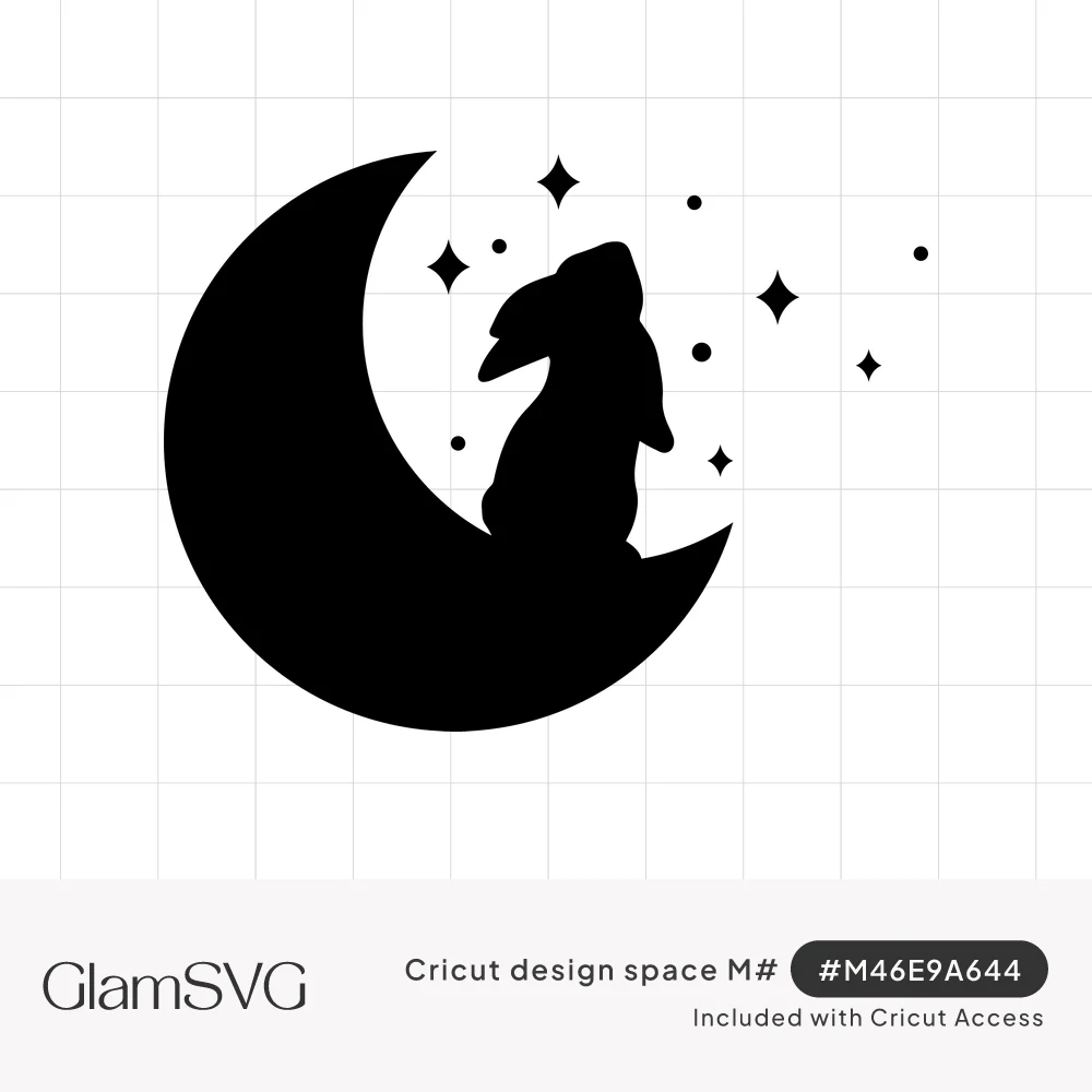 Black silhouette of a rabbit sitting inside a crescent moon with four-point stars and dots scattered beside it
