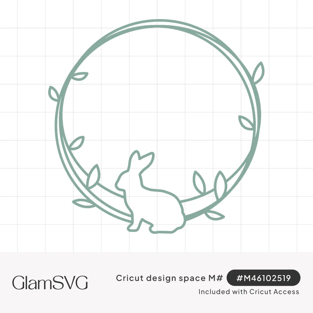 Sage green circular vine frame with small leaves and a sitting bunny silhouette at the bottom, empty center