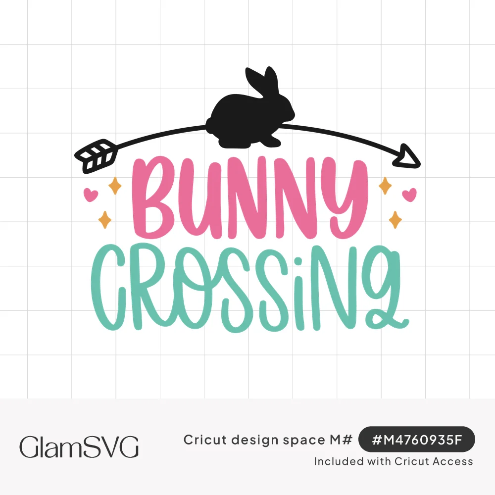 Pink and teal hand-lettered Bunny Crossing with a black bunny silhouette on an arrow, small hearts and sparkles