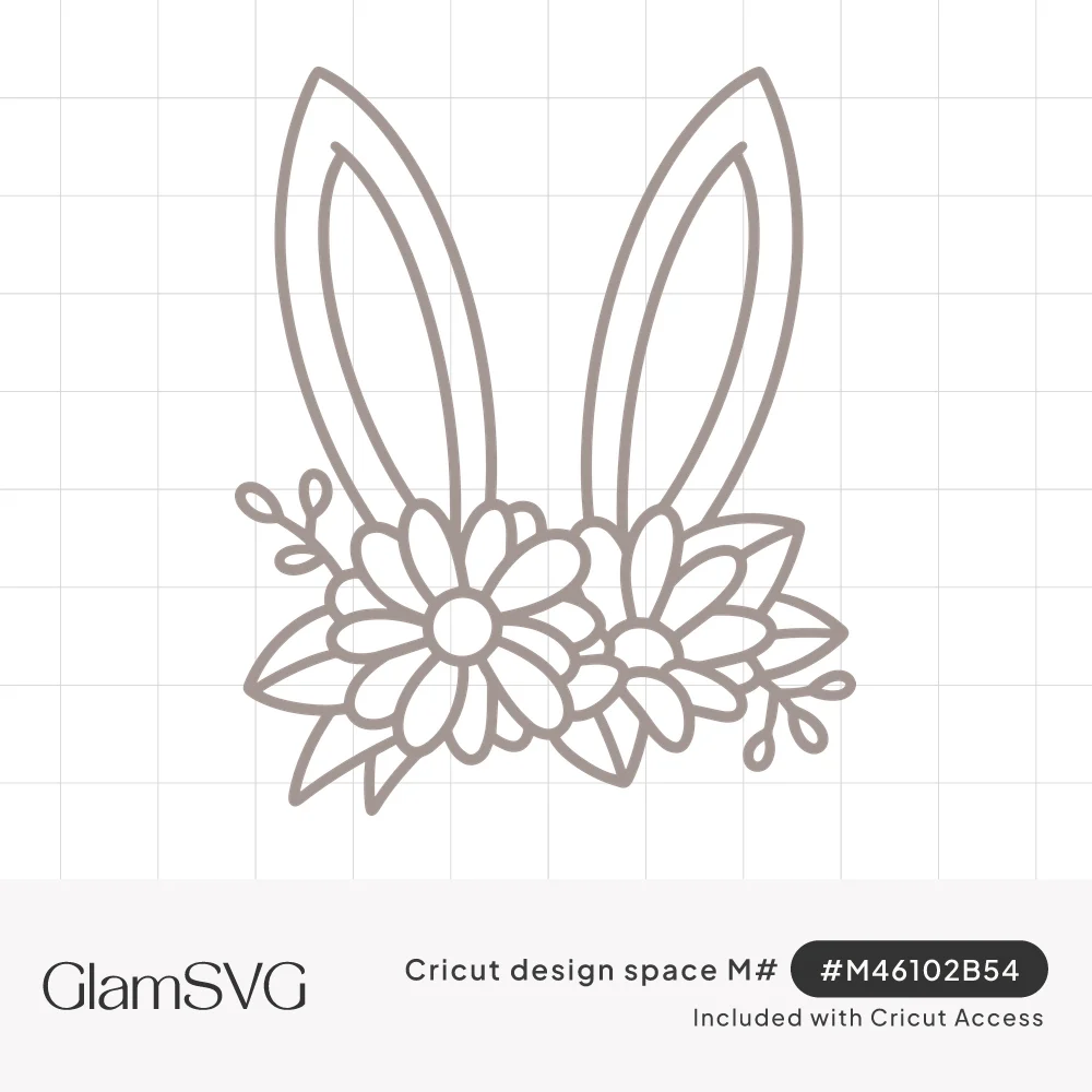 Outline drawing of two tall bunny ears with a cluster of daisies, blooms and leafy sprigs at the base