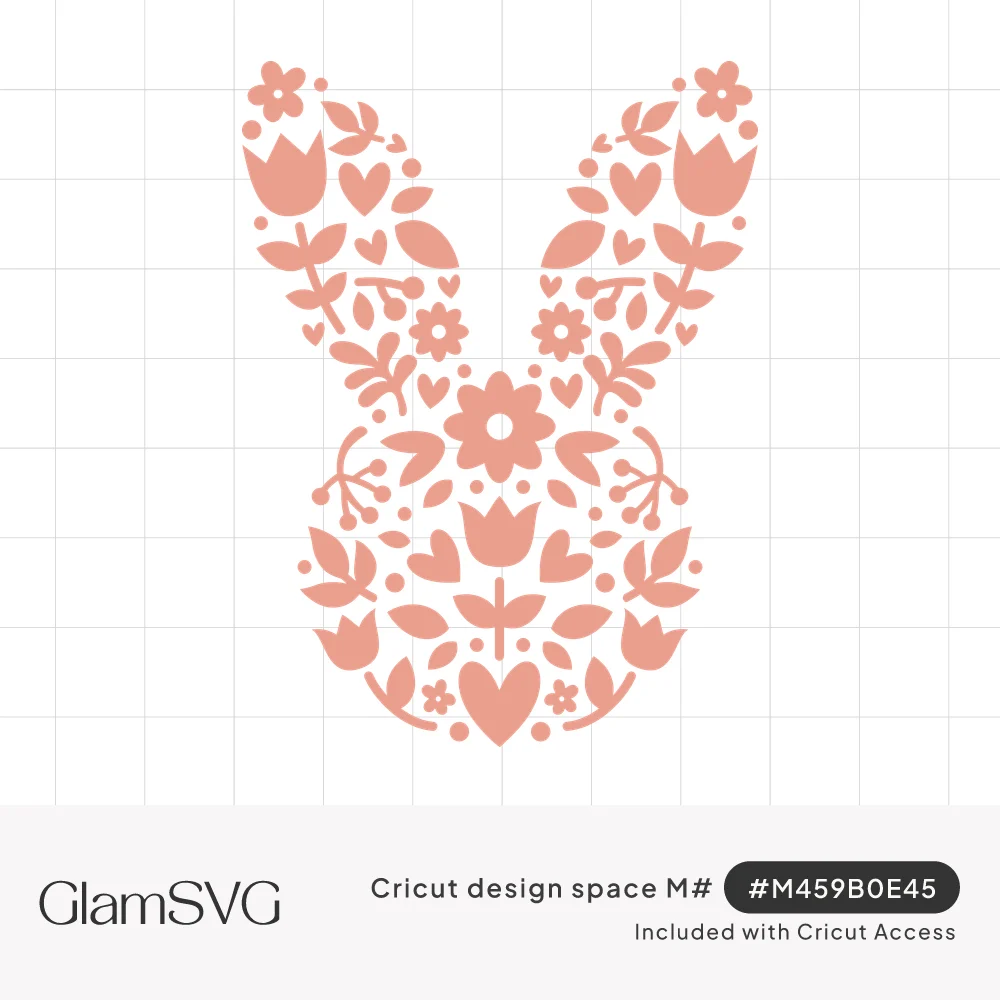 Coral pink bunny head silhouette filled with folk art tulips, hearts, flowers and leaves