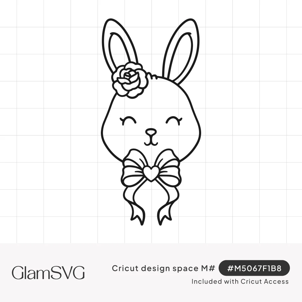 Line art bunny face with closed smiling eyes, a rose on one ear, and a ribbon bow with a heart under its chin