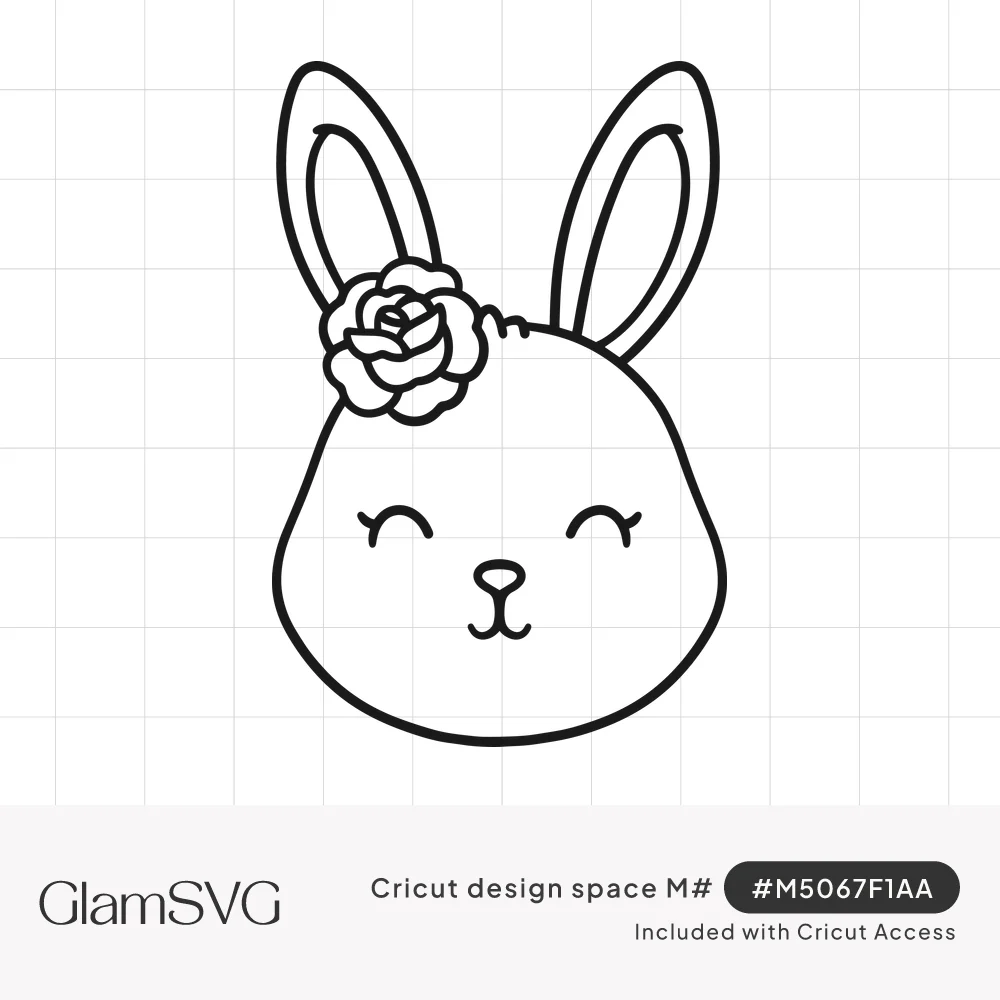 Line drawing of a smiling bunny face with closed eyes, tall ears and a rose beside one ear