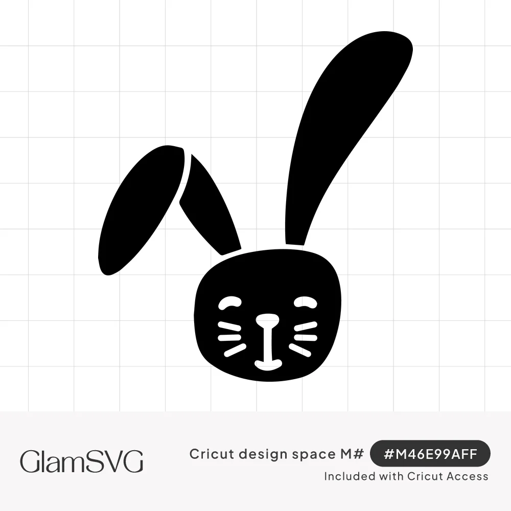 Solid black bunny face silhouette with one upright ear, one folded ear, closed eyes, whiskers and a small smile