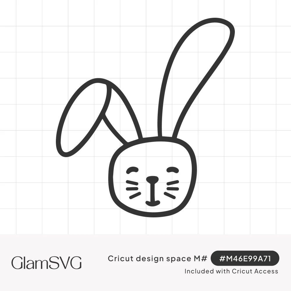 Black outline drawing of a bunny face with one tall ear, one floppy ear, closed eyes, small nose, and whiskers