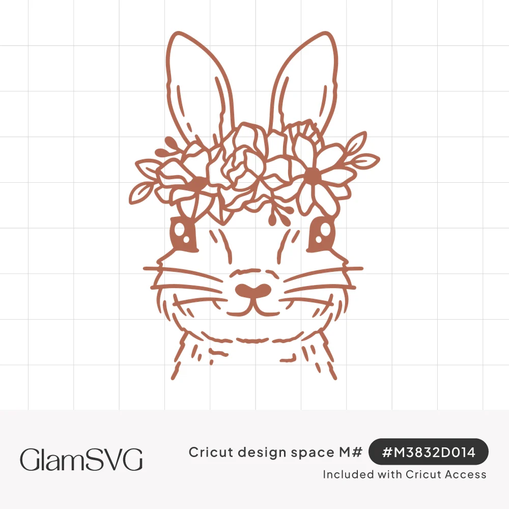 Line-art bunny face with tall ears, whiskers and a crown of roses and leaves, drawn in a single rust-brown color