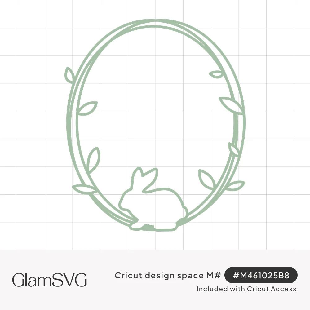 Oval frame of looping vines with small leaves and a bunny silhouette sitting at the bottom, drawn in sage green lines