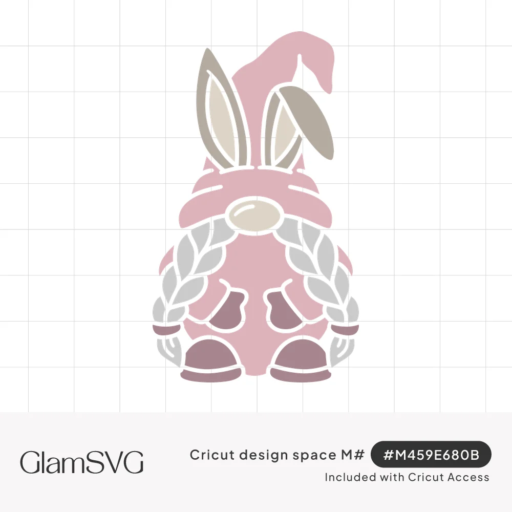 Layered pink gnome with tall bunny ears, round nose, braided gray beard and mauve mittens and boots