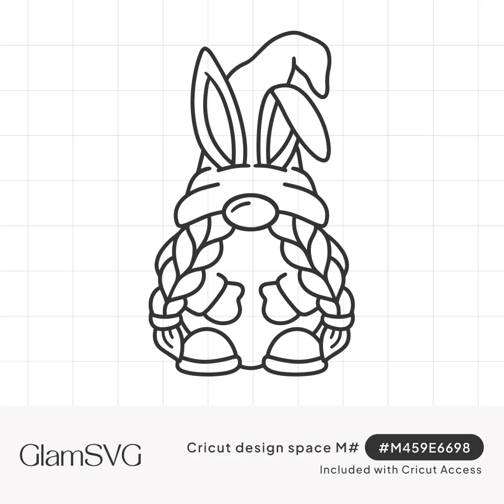 Line art gnome with braided pigtails, mittens, boots and a floppy hat topped with bunny ears, one ear folded over