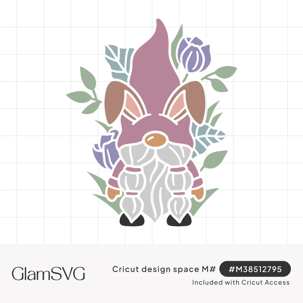 Gnome with a mauve hat and bunny ears, braided white beard, surrounded by purple tulips and green leaves
