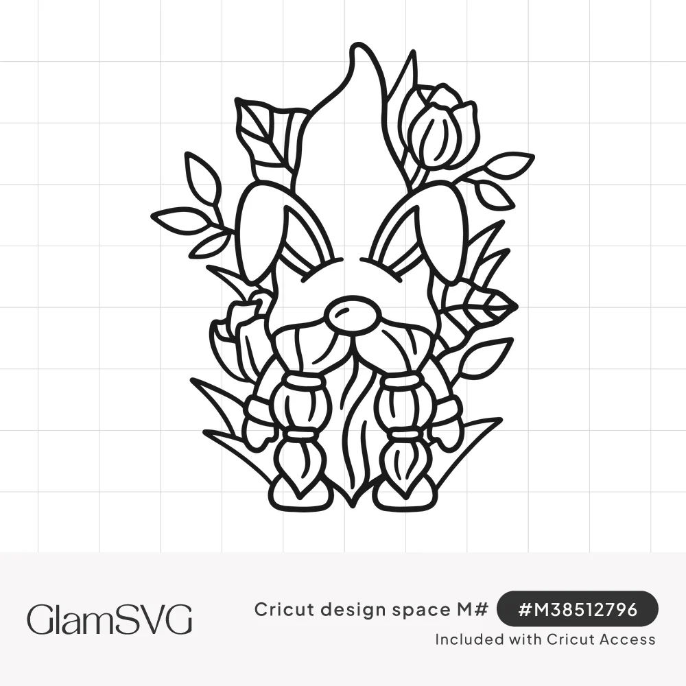 Line art gnome with a tall hat, bunny ears and long braids surrounded by tulips and leaves