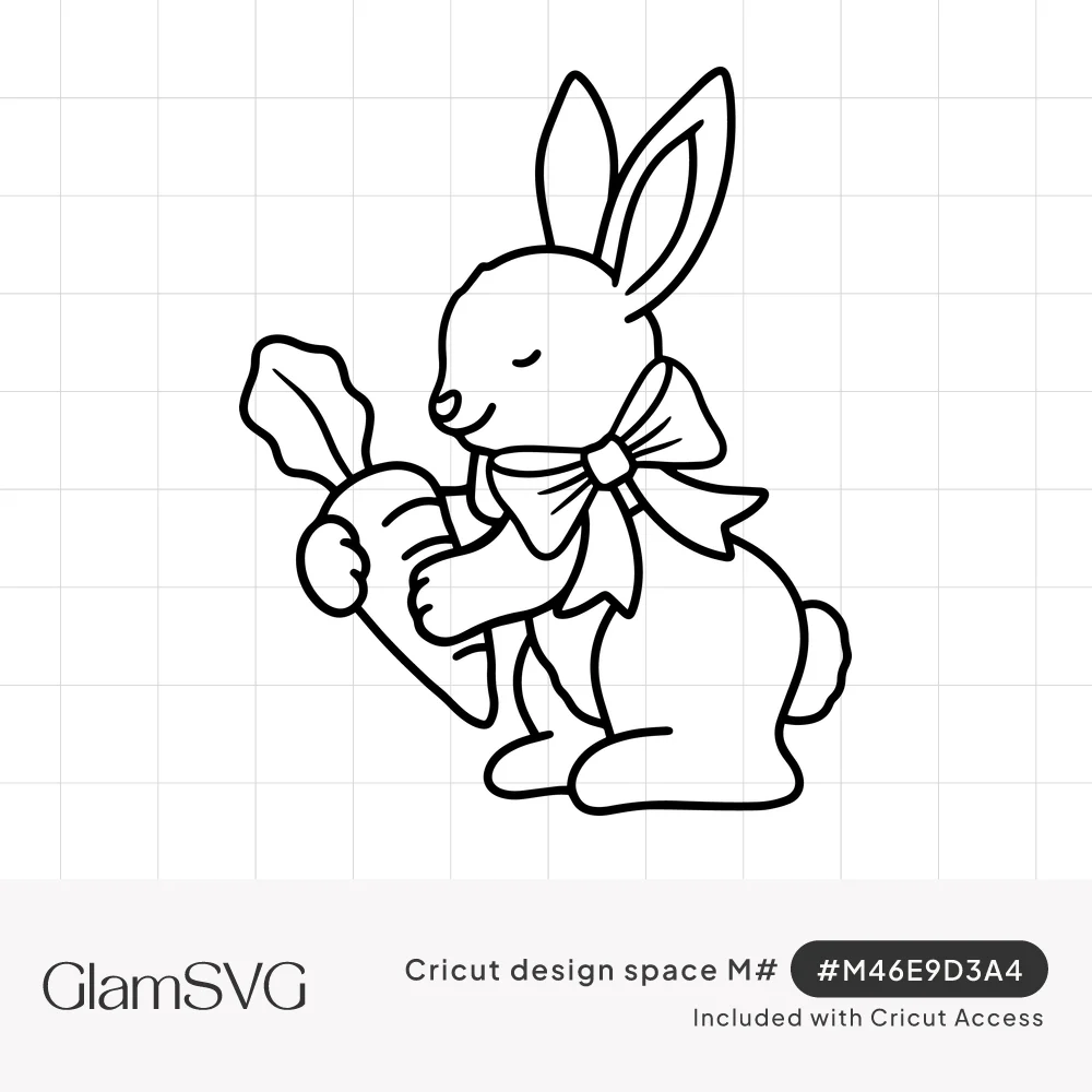 Black outline drawing of a smiling bunny with a bow at its neck holding a large leafy carrot