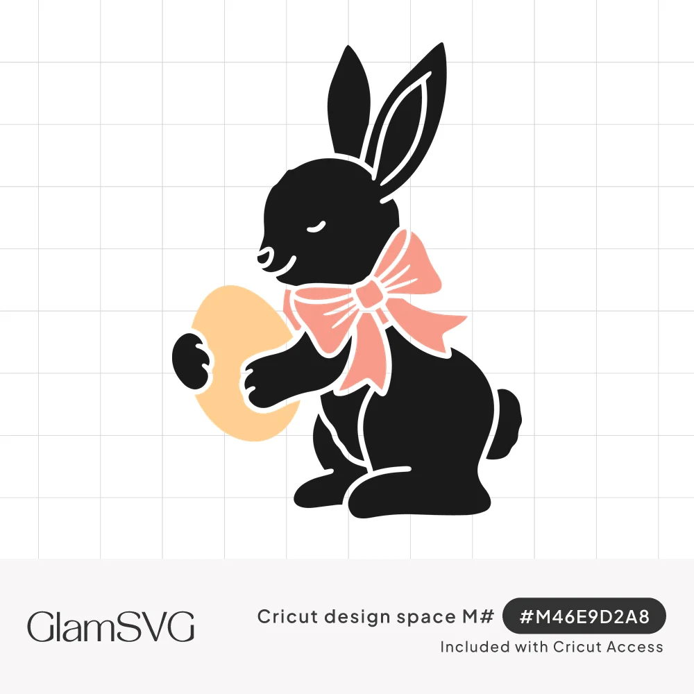 Black silhouette bunny with closed eyes and a pink bow around its neck, holding a peach Easter egg