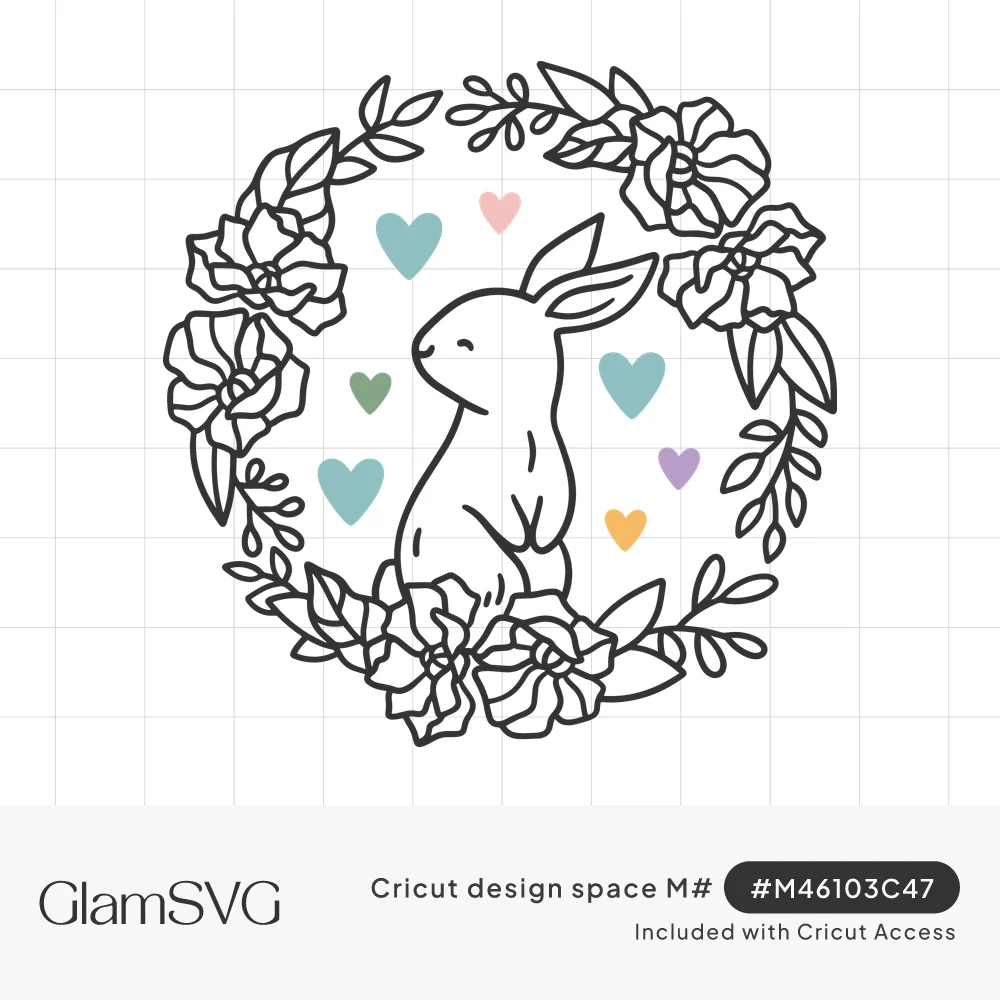 Outlined bunny sitting inside a circular wreath of roses and leaves, surrounded by small pastel hearts