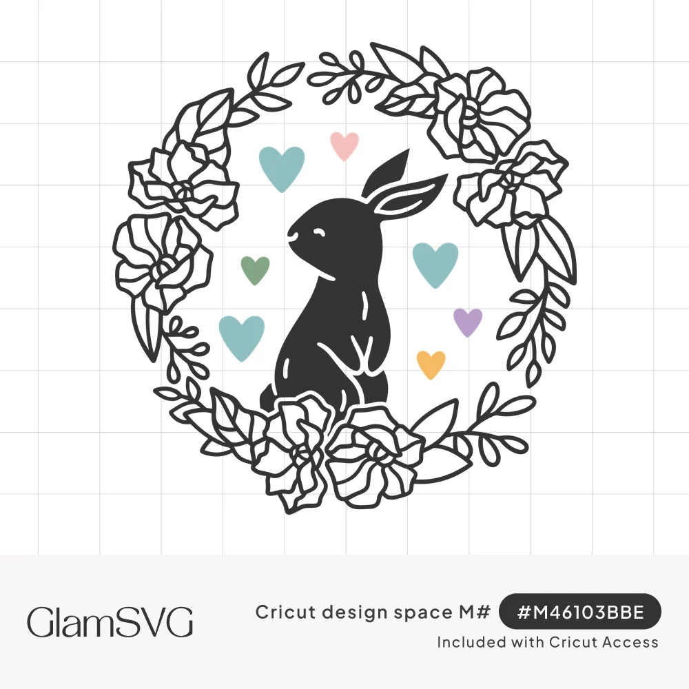 Black silhouette bunny inside a circular wreath of outlined roses and leaves, surrounded by small pastel hearts