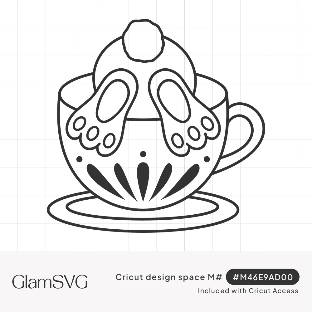 Outline drawing of a bunny upside down in a teacup on a saucer, showing its fluffy tail and two feet