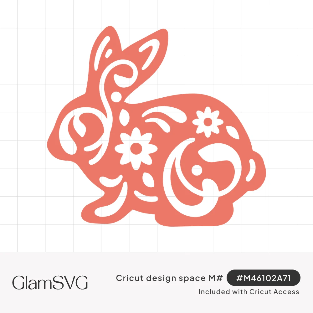 Coral rabbit silhouette with white cutout flowers, swirls and leaf shapes in a decorative papercut style