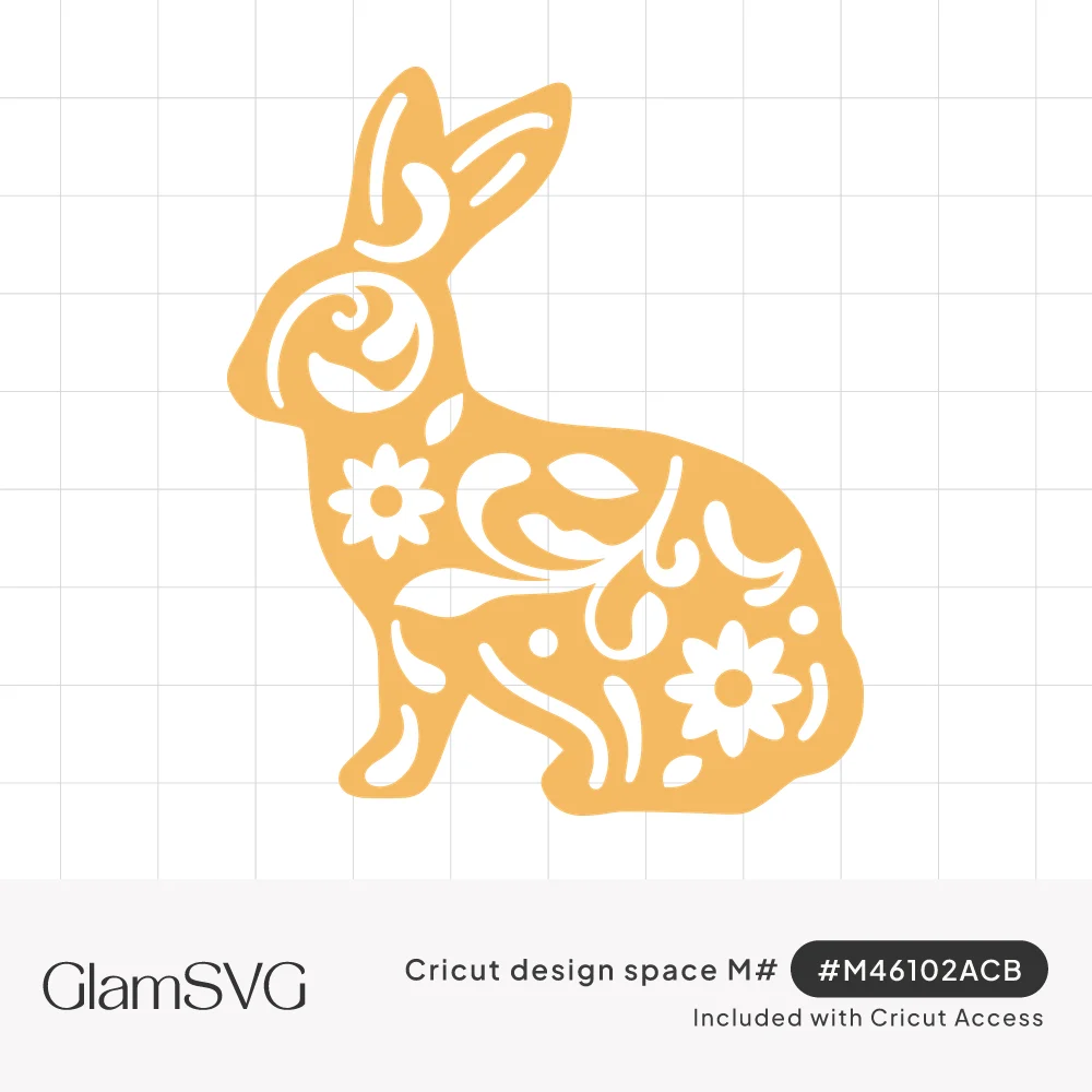 Golden yellow seated rabbit silhouette with cut-out daisies, leaves and swirling vine details inside