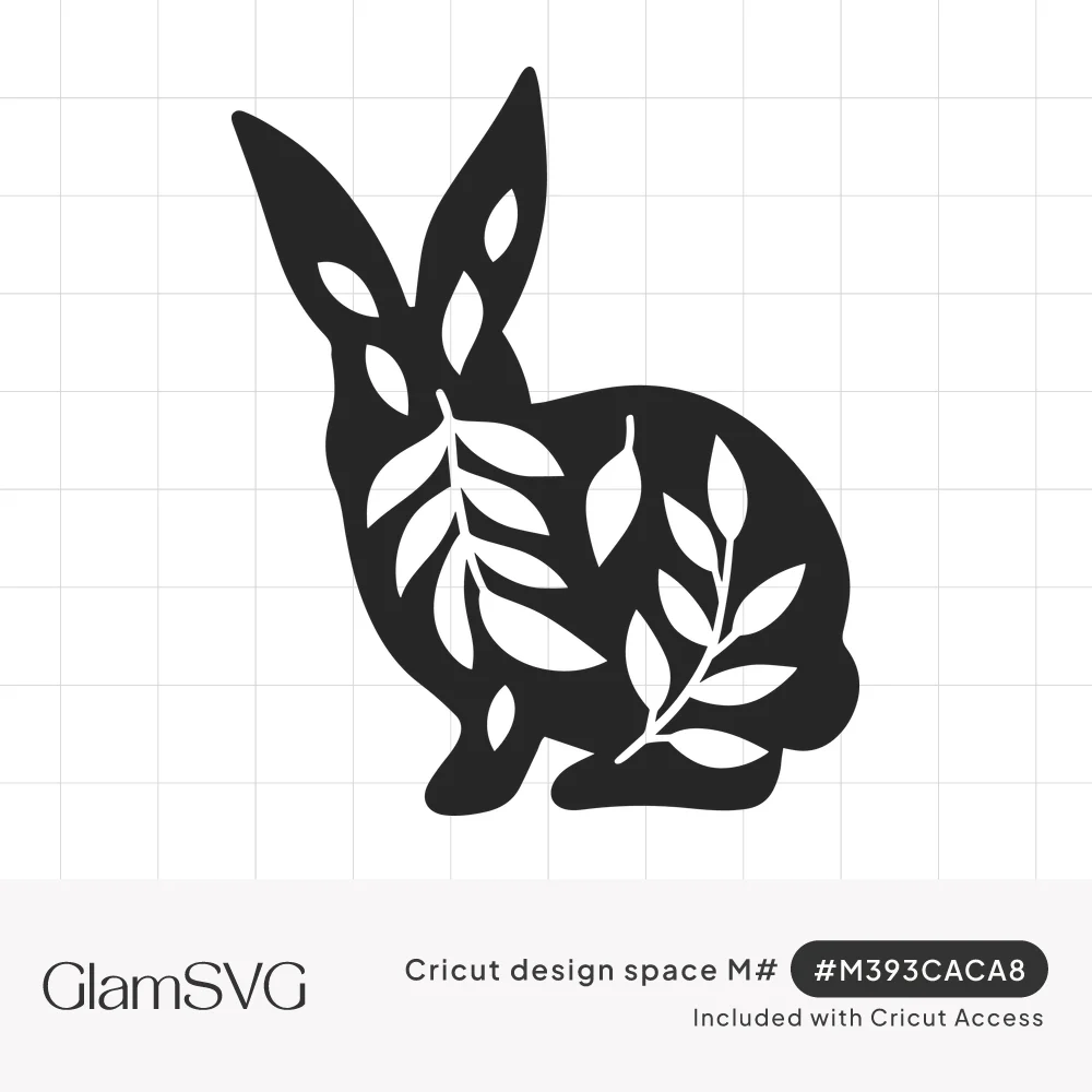 Black silhouette of a sitting rabbit with white leaf sprig cutouts inside its body
