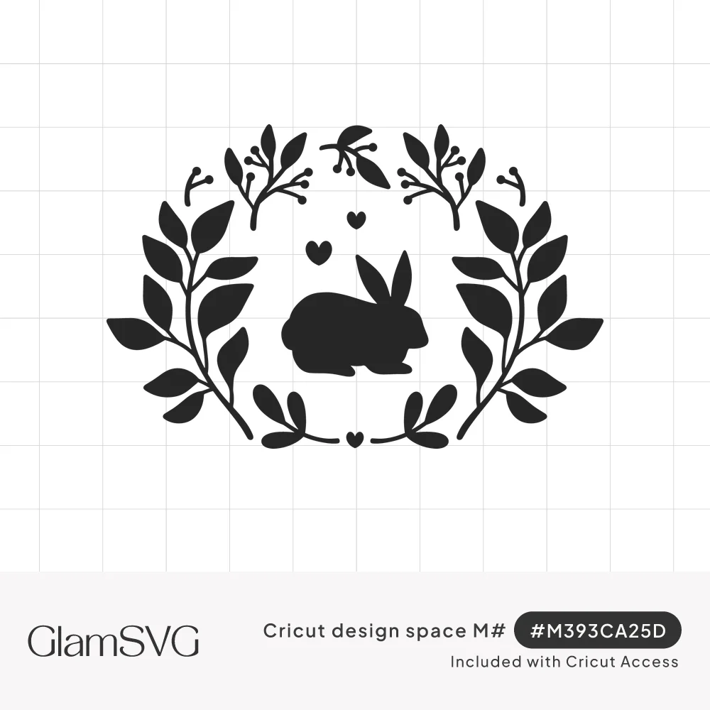 Black silhouette of a sitting bunny inside an oval wreath of leafy branches, berry sprigs and small hearts
