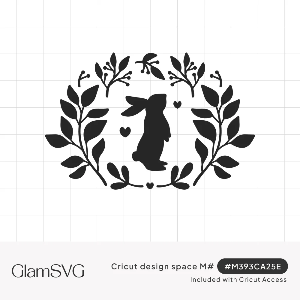 Black silhouette of a sitting bunny framed by curved leafy branches, berry sprigs and small hearts