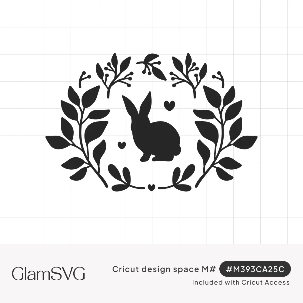 Black silhouette of a sitting bunny surrounded by leafy branches, berry sprigs and small hearts in a wreath shape