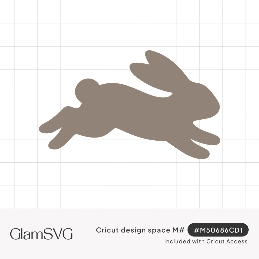 Solid taupe gray silhouette of a rabbit leaping mid-hop with ears swept back and legs stretched out