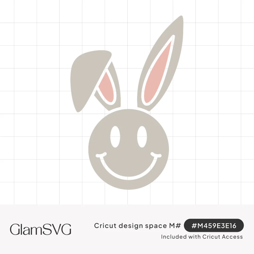 Taupe smiley face with two bunny ears, one upright and one folded, with pink inner ears