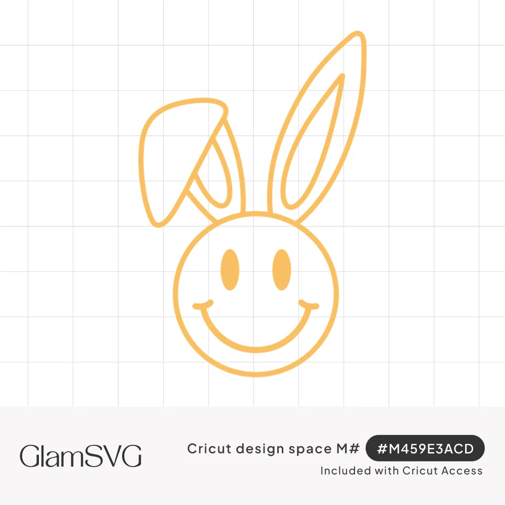 Yellow outline smiley face with two bunny ears, one standing tall and one floppy, on a white background