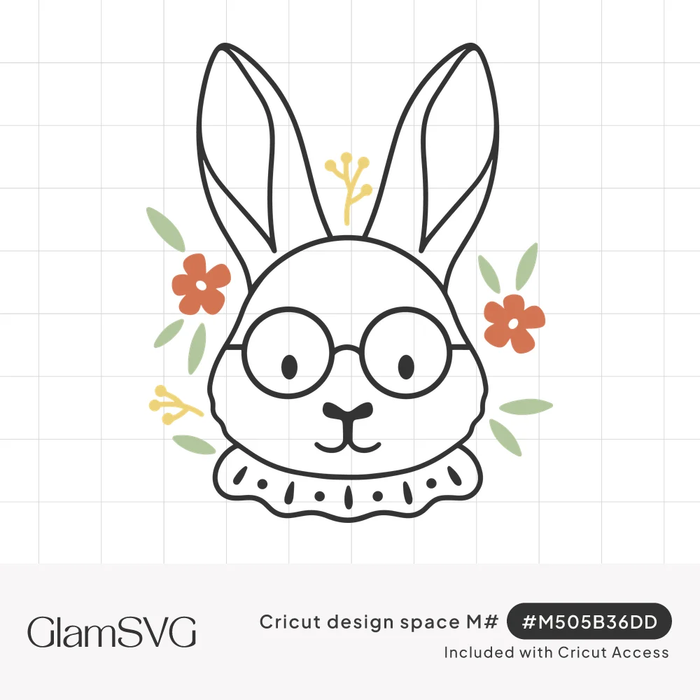 Line drawing of a bunny face wearing round glasses and a ruffled collar, surrounded by orange flowers and green leaves