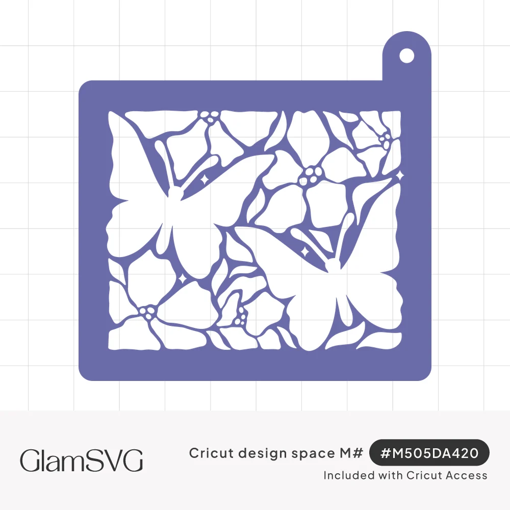 Purple stencil with a hanging tab showing two white butterflies among five-petal flowers and small sparkles