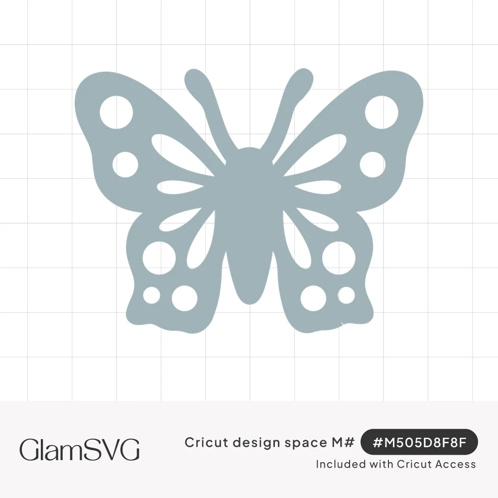Gray butterfly silhouette with open wings featuring round dot and teardrop shaped cutouts and curled antennae