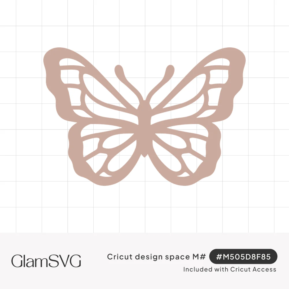 Blush pink butterfly silhouette with open cutout wing veins and curled antennae, shown on a white background